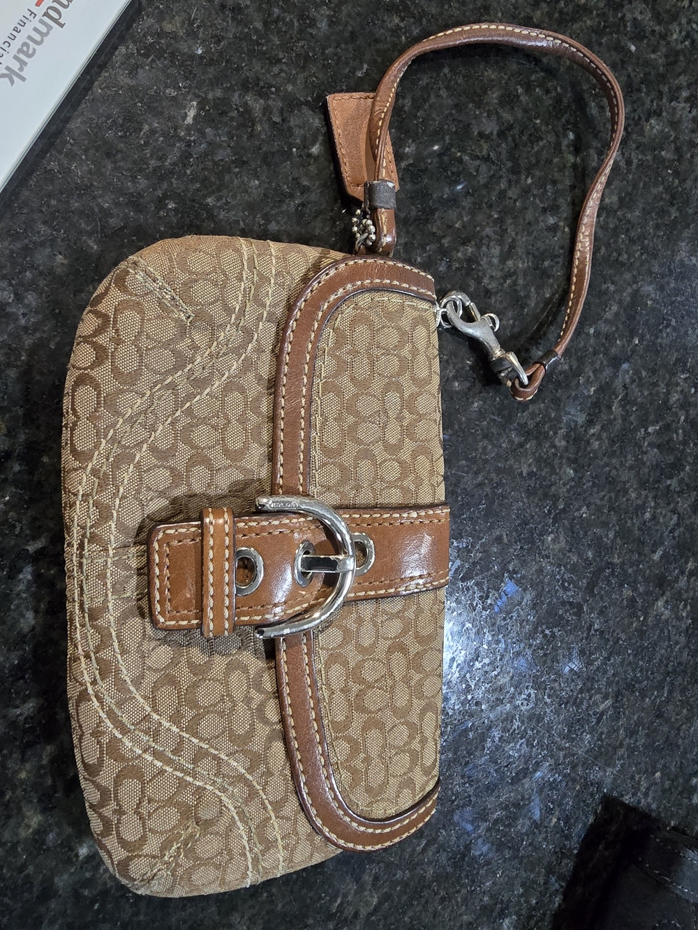 Brown Monogram Wristlet with Buckle Accent